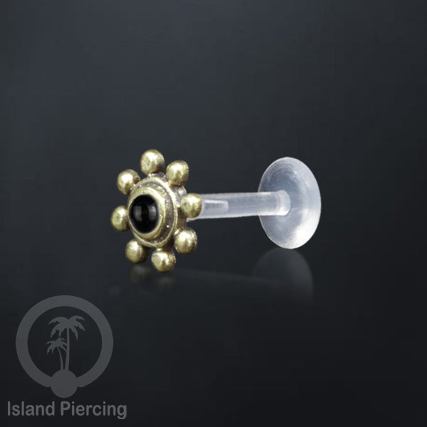 Tindik Labret Push sistem bioplastik kuningan dengan batu cantik, Brass Body Piercing Jewelry