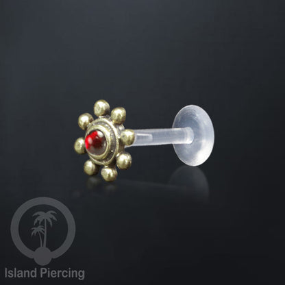 Tindik Labret Push sistem bioplastik kuningan dengan batu cantik, Brass Body Piercing Jewelry