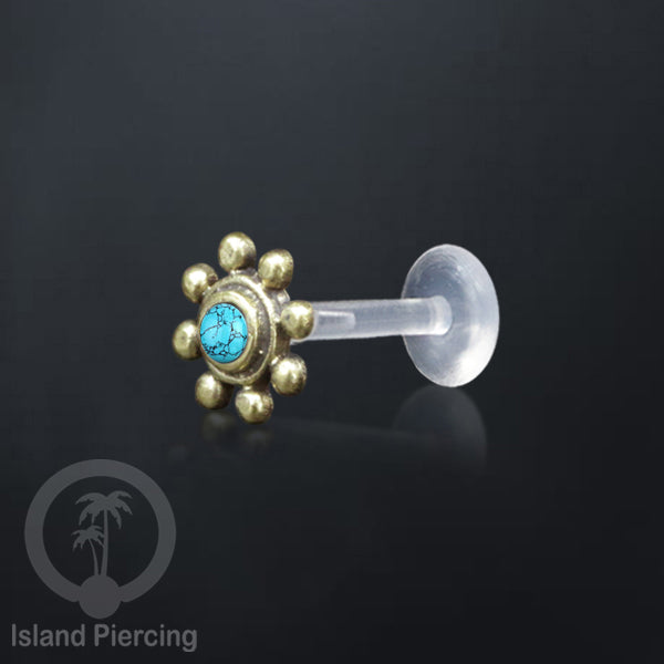 Tindik Labret Push sistem bioplastik kuningan dengan batu cantik, Brass Body Piercing Jewelry
