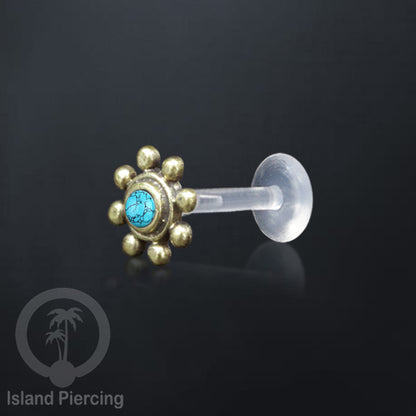 Tindik Labret Push sistem bioplastik kuningan dengan batu cantik, Brass Body Piercing Jewelry