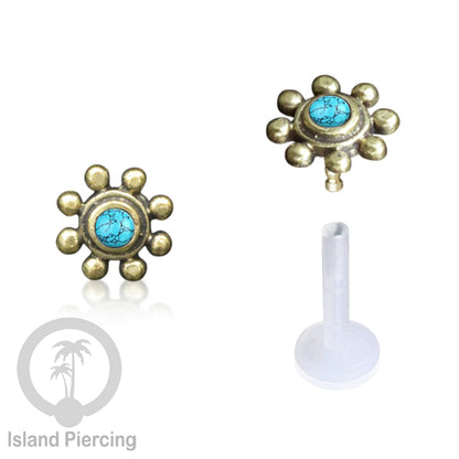 Tindik Labret Push sistem bioplastik kuningan dengan batu cantik, Brass Body Piercing Jewelry