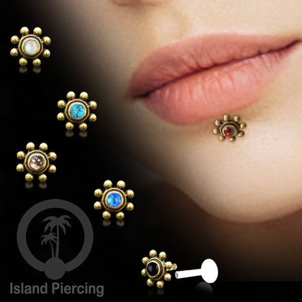 Tindik Labret Push sistem bioplastik kuningan dengan batu cantik, Brass Body Piercing Jewelry