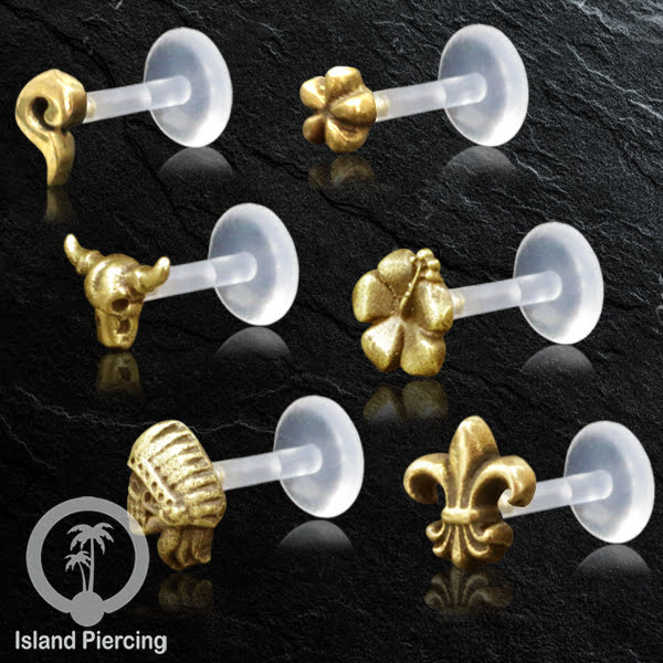 Labret bioplastik push system Kuningan dengan banyak cara pakai, bisa di Bibir atau Telinga, Brass Piercing