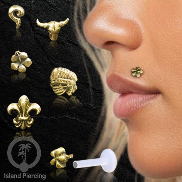 Labret bioplastik push system Kuningan dengan banyak cara pakai, bisa di Bibir atau Telinga, Brass Piercing