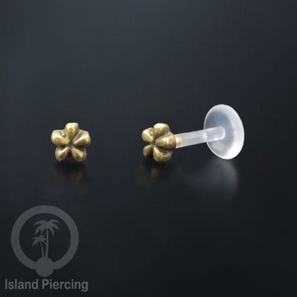 Labret bioplastik push system Kuningan dengan banyak cara pakai, bisa di Bibir atau Telinga, Brass Piercing