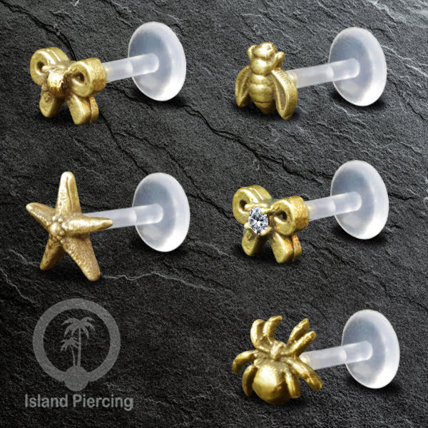 Labret Tindik Bioplastik dengan kepala Kuningan, Helix &amp; Tragus Brass Piercing Push System