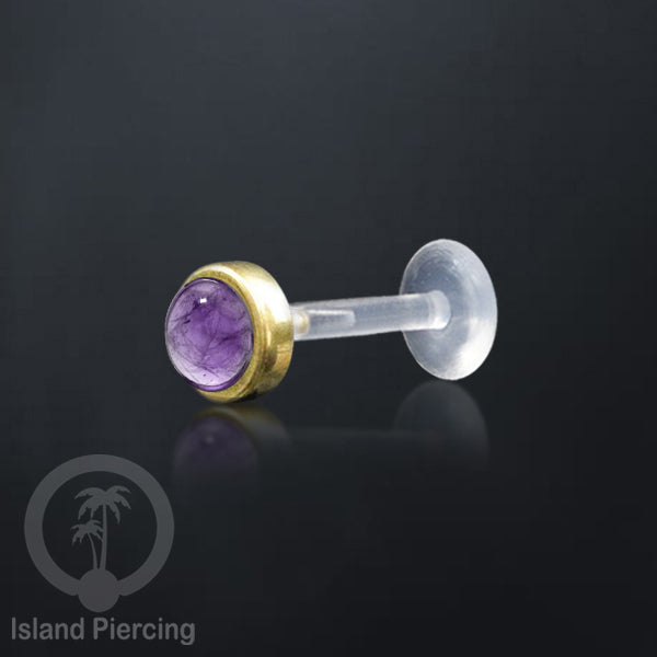 Labret Bioplastik Kuningan dengan Batu Asli, Body Piercing Daith, Tragus &amp; Helix, Push system.