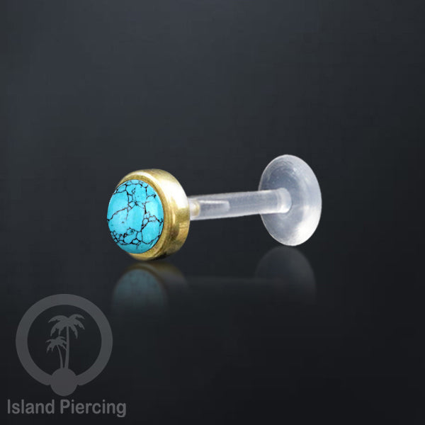 Labret Bioplastik Kuningan dengan Batu Asli, Body Piercing Daith, Tragus &amp; Helix, Push system.