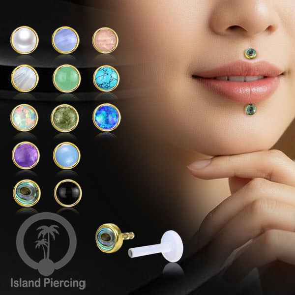 Labret Bioplastik Kuningan dengan Batu Asli, Body Piercing Daith, Tragus &amp; Helix, Push system.