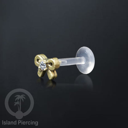 Labret Tindik Bioplastik dengan kepala Kuningan, Helix &amp; Tragus Brass Piercing Push System