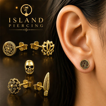 Anting Stud Kuningan motif Tree of Life, Mandala, Lotus, Tengkorak Brass Ear-studs