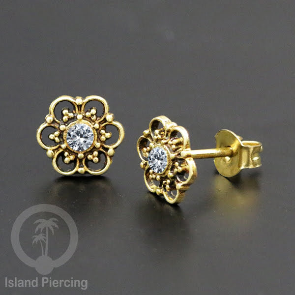 Anting Stud Kuningan dengan Kristal Zircon bening Brass Ear-studs with Clear Zirconia