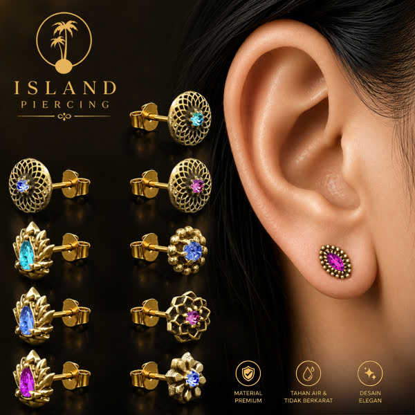 Anting Tusuk Kuningan dengan Zirkonia Berwarna