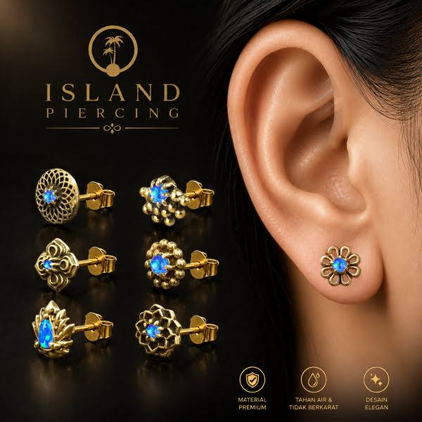 Anting Stud Kuningan dengan Opal Biru Brass Ear-studs with Blue Opal