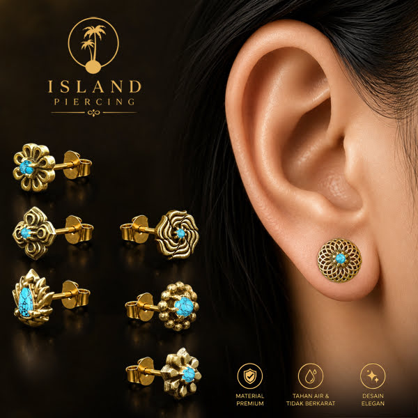 Anting Stud Kuningan dengan Batu Turquoise Brass Ear-studs with Stone