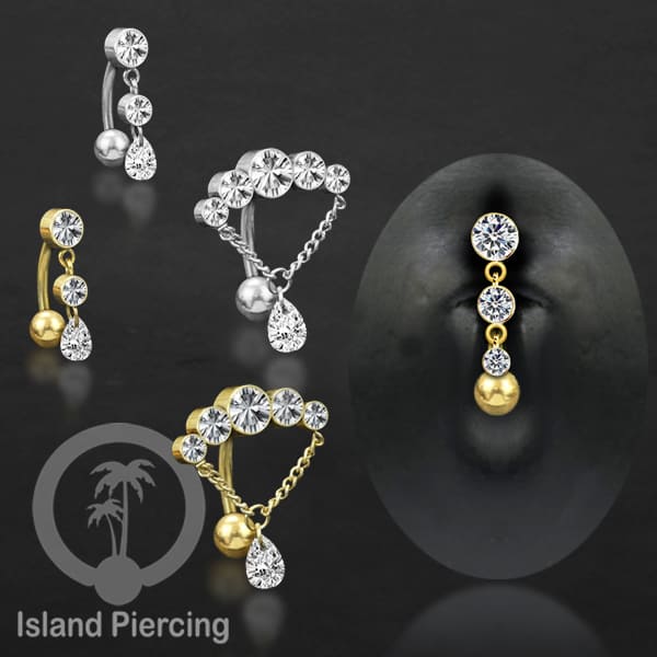 Anting Pusar/Navel Bar stainless steel untuk bagian atas pusat model pakai Kristal dan rantai gantung