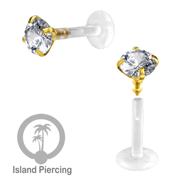 Labret bioplastik dengan kristal zirconia, tindik telinga, tragus, daith, helix, Stainless Piercing Push system