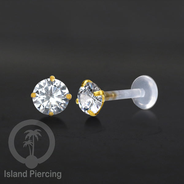 Labret bioplastik dengan kristal zirconia, tindik telinga, tragus, daith, helix, Stainless Piercing Push system