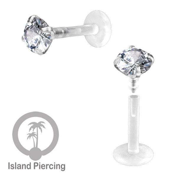 Labret bioplastik dengan kristal zirconia, tindik telinga, tragus, daith, helix, Stainless Piercing Push system