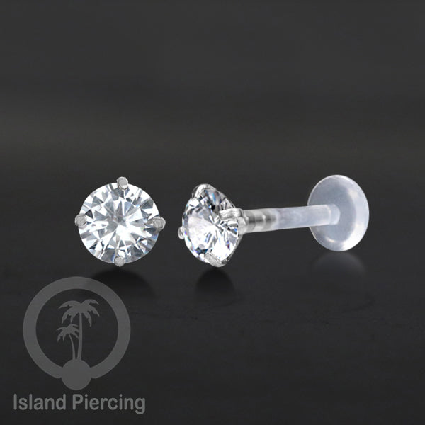 Labret bioplastik dengan kristal zirconia, tindik telinga, tragus, daith, helix, Stainless Piercing Push system