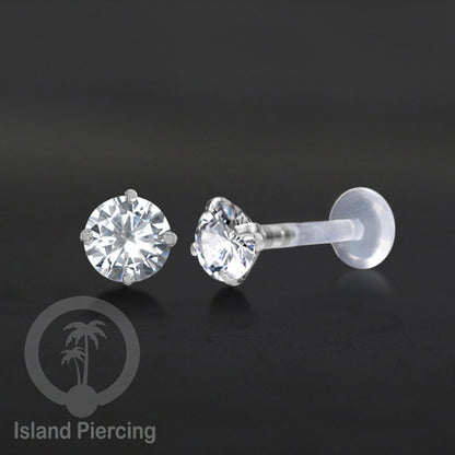 Labret bioplastik dengan kristal zirconia, tindik telinga, tragus, daith, helix, Stainless Piercing Push system