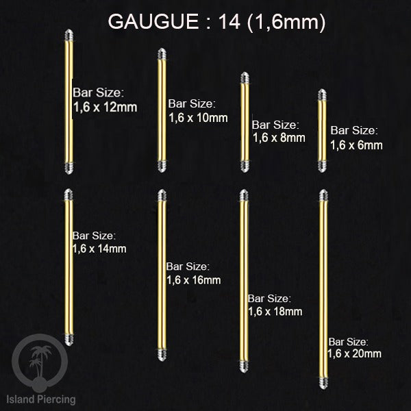 Piercing Bar Tindik warna gold. Khusus piercing external 1.6mm, 14gauge. Panjang 6-42mm tersedia