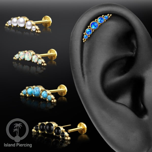 Tindik Labret push system, Threadless Piercing warna gold model Helix dengan batu