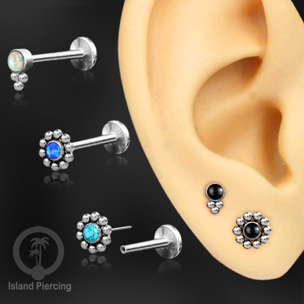 Tindik Labret push system, Threadless Piercing warna silver dengan variasi batu