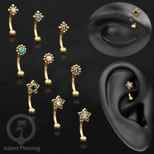 Curved Barbell Eyebrow Piercing Tindik Alis dan Rook warna gold pakai aneka batu cantik