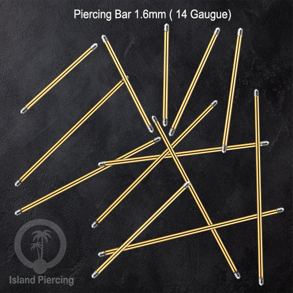 Piercing Bar Tindik warna gold. Khusus piercing external 1.6mm, 14gauge. Panjang 6-42mm tersedia