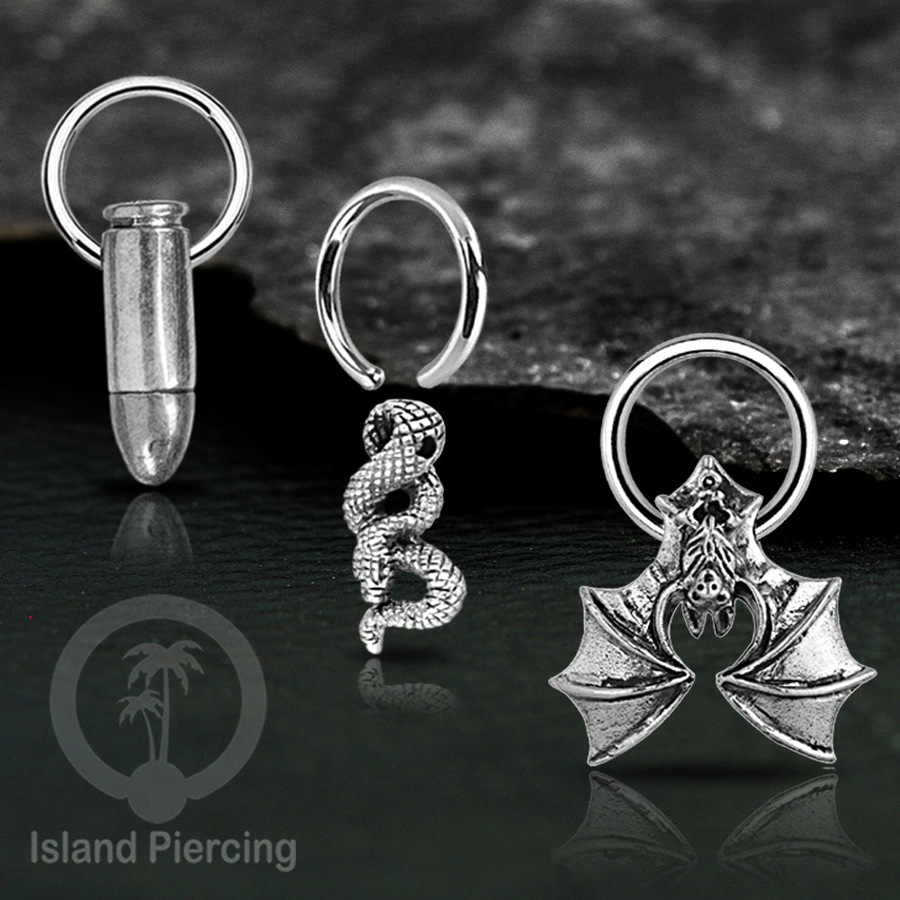 BCR Piercing Stainless dengan Liontin kuningan putih motifunik seperti Peluru, Ular &amp; Kelelawar