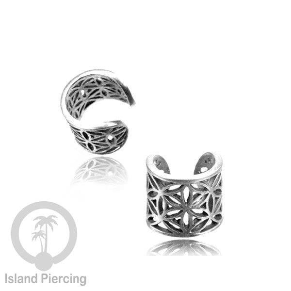 Anting Kuningan putih, perhiasan ear cuff, motif bali, flower of life , tree of life ,