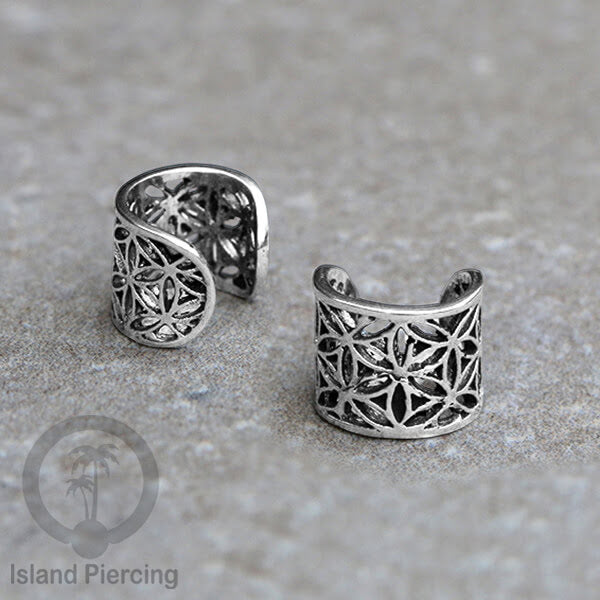 Anting Kuningan putih, perhiasan ear cuff, motif bali, flower of life , tree of life ,