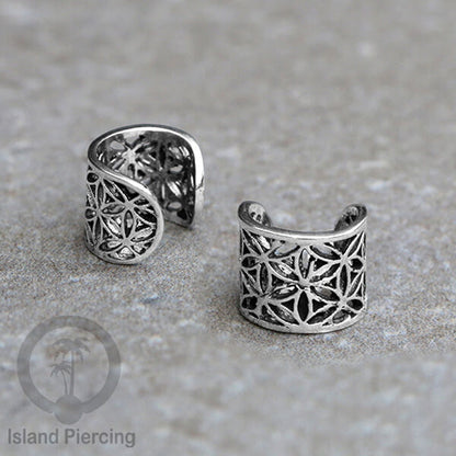 Anting Kuningan putih, perhiasan ear cuff, motif bali, flower of life , tree of life ,