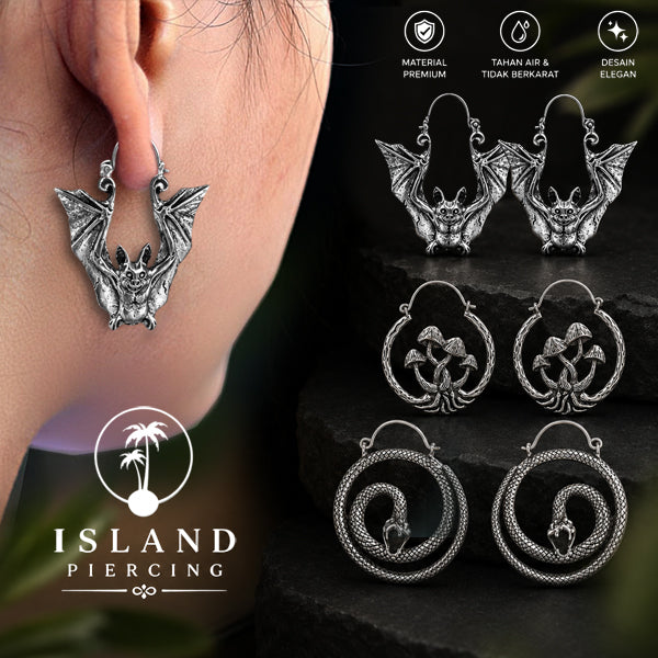 Anting Kuningan Putih motif Ular, Kelelawar, Magic Mushrooms White Brass Earrings Snake Bat