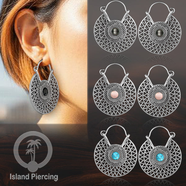 Anting Kuningan Putih dengan Batu cantik, Aztec Style White Brass Earring with Stone