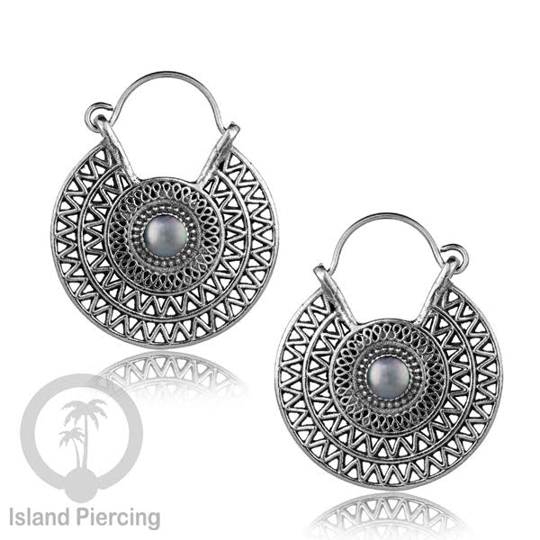 Anting Kuningan Putih dengan Batu cantik, Aztec Style White Brass Earring with Stone