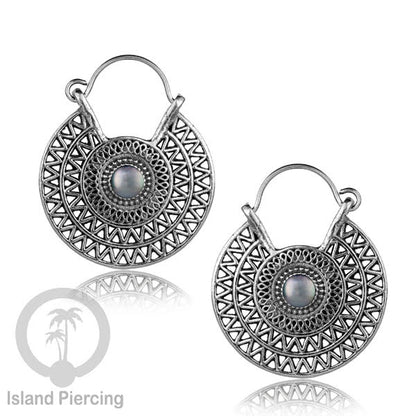 Anting Kuningan Putih dengan Batu cantik, Aztec Style White Brass Earring with Stone