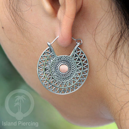 Anting Kuningan Putih dengan Batu cantik, Aztec Style White Brass Earring with Stone