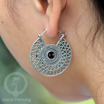 Anting Kuningan Putih dengan Batu cantik, Aztec Style White Brass Earring with Stone
