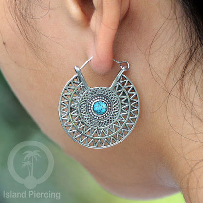 Anting Kuningan Putih dengan Batu cantik, Aztec Style White Brass Earring with Stone