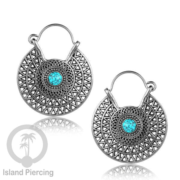 Anting Kuningan Putih dengan Batu cantik, Aztec Style White Brass Earring with Stone