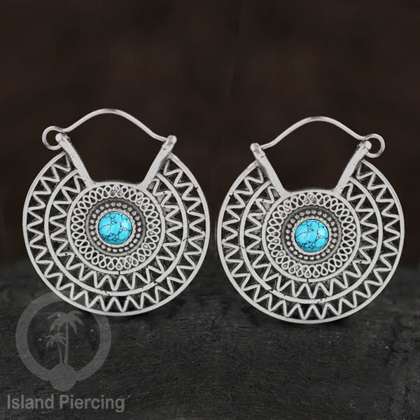 Anting Kuningan Putih dengan Batu cantik, Aztec Style White Brass Earring with Stone