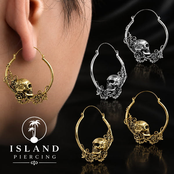 Anting Kuningan Tengkorak dengan Mawar selera Gotik, Anting Kuningan Tengkorak Gotik