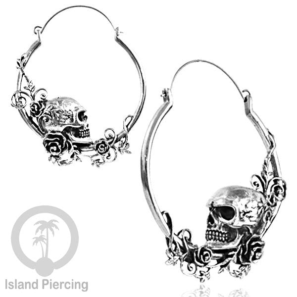 Anting Kuningan Tengkorak dengan Mawar selera Gotik, Gothic Skull Brass Earring