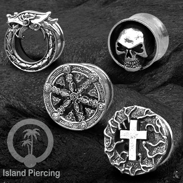 White Brass Ear-plug Tindik plug kuningan putih motif Tengkorak, Naga dan Hantu...