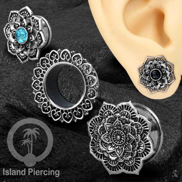 White Brass Ear-plug dan Tunnel Tindik kuningan putih motif Mandala polos dan dengan Batu