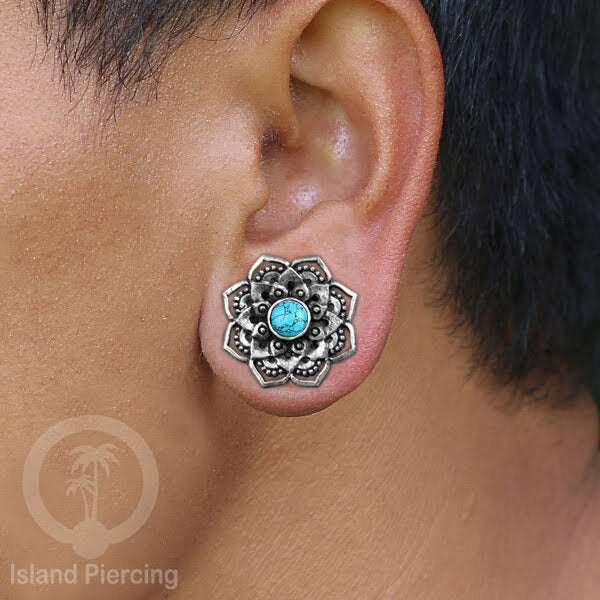 White Brass Ear-plug dan Tunnel Tindik kuningan putih motif Mandala polos dan dengan Batu