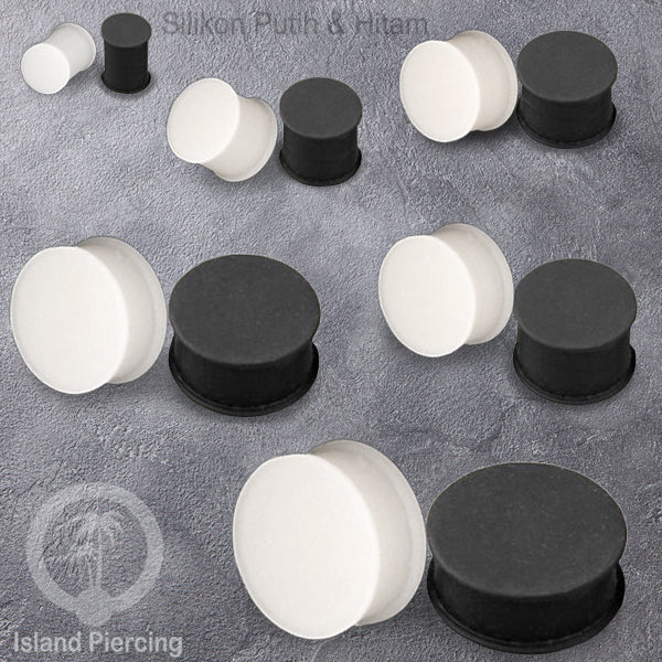 Ear-Plug Silicone Anting Piercing Silikon bentuk bulat warna hitam dan putih ukuran 3-25mm