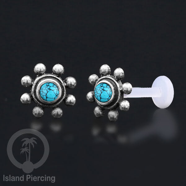 Silver Labret with stones, Bioplastic Push system, Anting Tindik Labret perak dengan batu